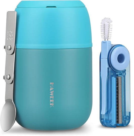 17oz Soup Thermo for Hot Food Adults Insulated Food Jar Thermo Hot Food Lunch Container Wide Mouth Stainless Steel Lunch Box for Kids with Folding Spoon Cleaning Brush Peacock Blue