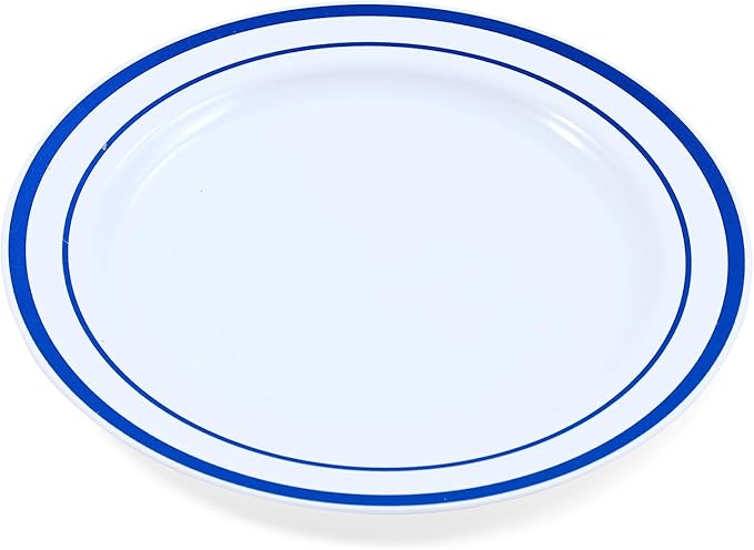 120-Piece Salad Plastic Plates Set - Premium Disposable Plates for Party - White with Blue Rim