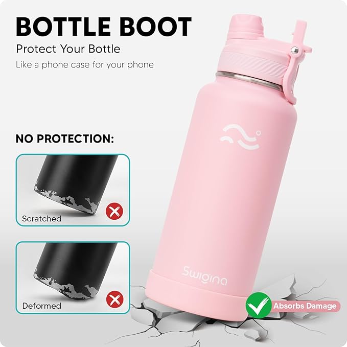[2-IN-1 LID] Insulated Water Bottle with Silicone Boot (36hrs Cold/18hrs Hot) - DIY Stickers, Leakproof, BPA Free, 32 oz