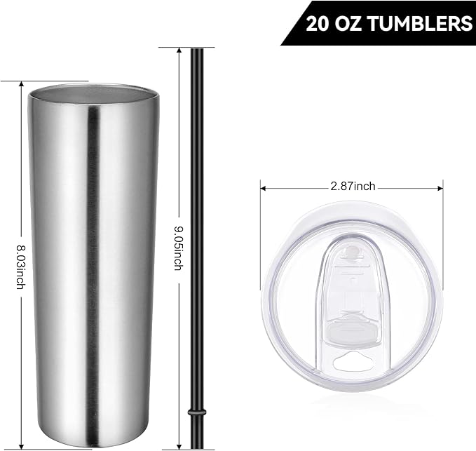 VEGOND Stainless Steel Tumblers Bulk 12 Pack, 20 oz Vacuum Insulated Skinny Tumblers with Lids and Straws, Double Wall Slim Tumbler, Travel Water Cup