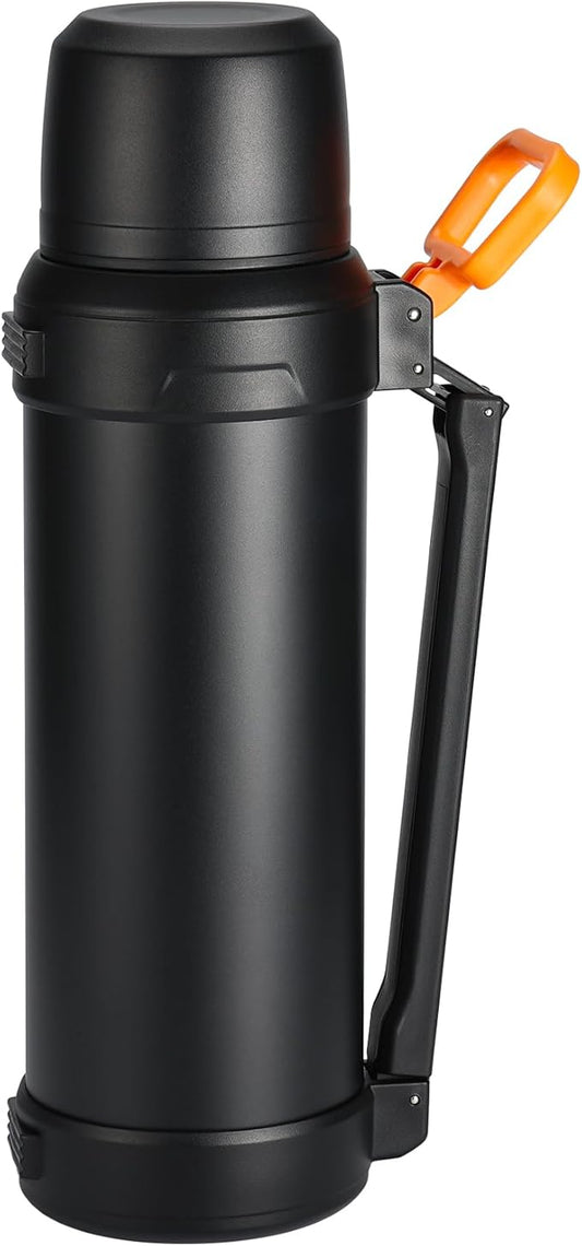 88oz Large Coffee Thermo for Travel, 2500ml Insulated Stainless Steel Water Bottle with Cup and Handle, Water Jug for 24hr Hot and Cold drinks, Vacuum Flask for Camping, Fishing & Working, Black