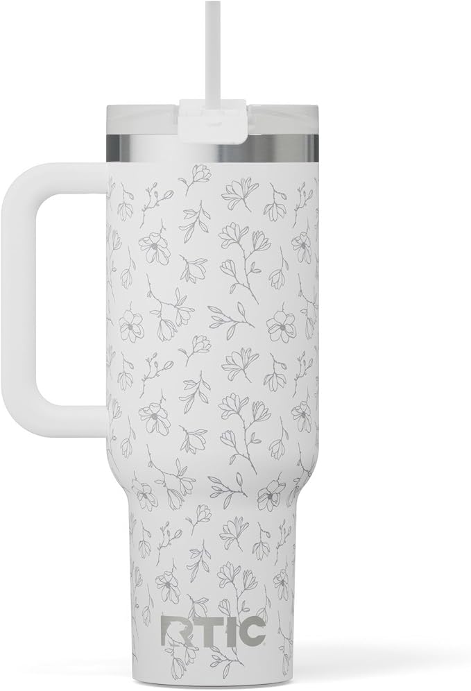 RTIC 40 oz Road Trip Tumbler Double-Walled Cermaic Lined Insulated Stainless Steel Portable Travel Coffee Mug Cup with Lid, Handle and Straw, White Magnolias