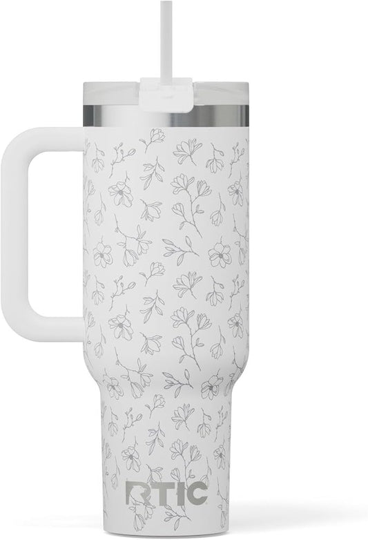 RTIC 40 oz Road Trip Tumbler Double-Walled Cermaic Lined Insulated Stainless Steel Portable Travel Coffee Mug Cup with Lid, Handle and Straw, White Magnolias