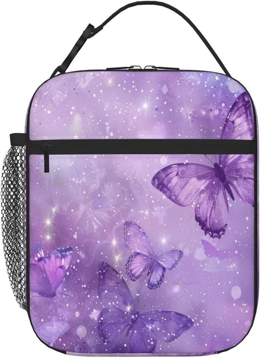 SUPLUCHOM Lunch Bag Butterfly Purple Pastel Insulated Box Reusable with Side Pocket for Girl Boy Women Men Work School Picnic Hiking Daytrip Over 3 Years Old