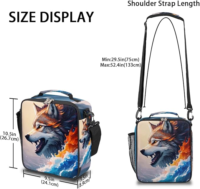 Wolf Lunch Bag for Kids, Colorful Ocean Wave Art Animal Wolf Boys Lunch Box, Reusable Insulated Waterproof Lunch Box with Adjustable Shoulder Strap Thermal Cooler Tote Bag for School Daycare Picnic