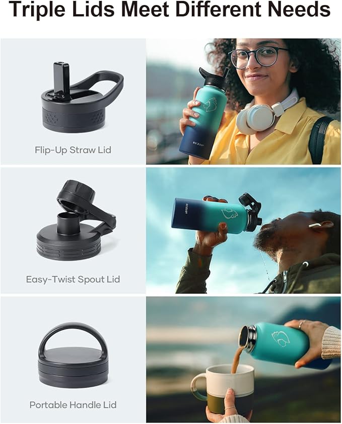 BUZIO 32 oz Water Bottle Insulated with Straw & 3 lid and Carrying Pouch, Leak Proof Anti-Slip Stainless Steel Water Flask Jug, Cold for 48 Hrs Double Vacuum Thermo Canteen, BPA-Free, Caribbean Blue