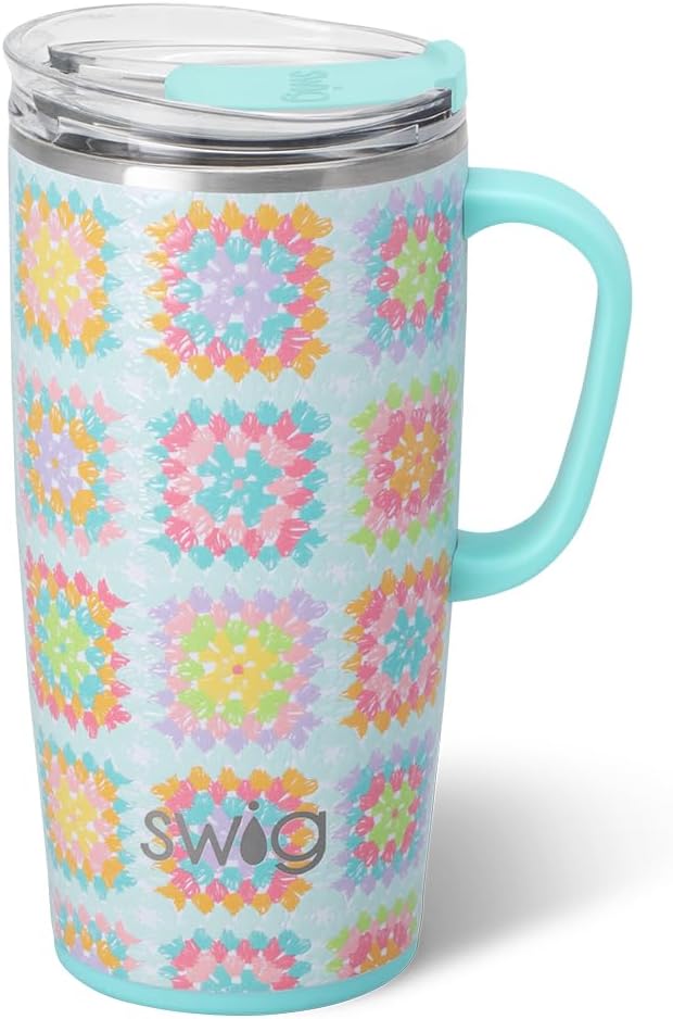 Swig Life 22oz Travel Mug, Insulated Tumbler with Handle and Lid, Travel Coffee Mug, Cup Holder Friendly, Stainless Steel 22 oz Tumbler, Reusable Insulated with Lid (Granny Squares)