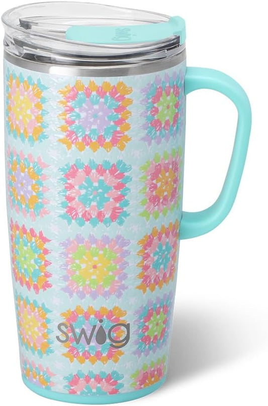 Swig Life 22oz Travel Mug, Insulated Tumbler with Handle and Lid, Travel Coffee Mug, Cup Holder Friendly, Stainless Steel 22 oz Tumbler, Reusable Insulated with Lid (Granny Squares)