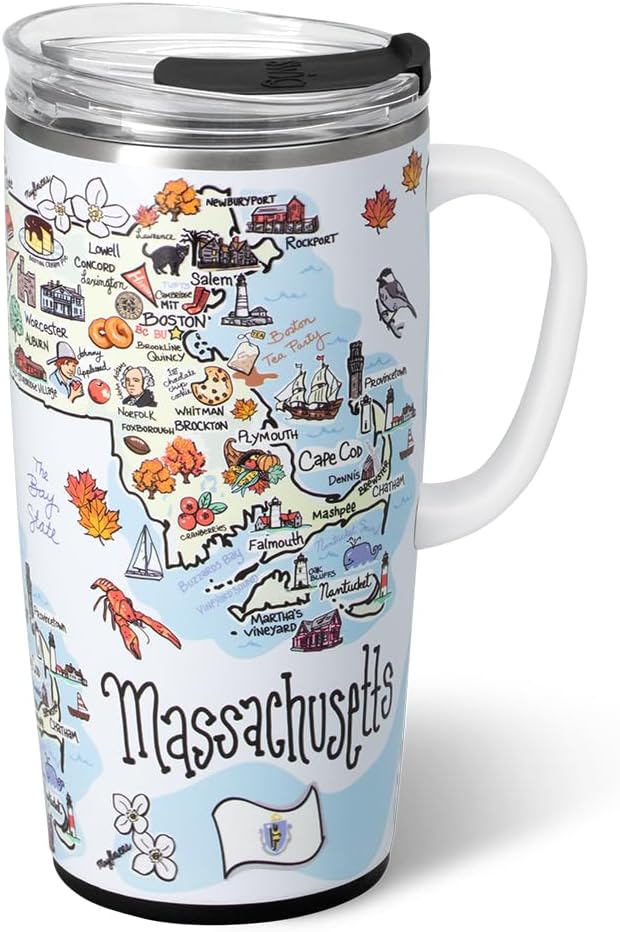 Swig Life 22oz Travel Mug, Insulated Tumbler with Handle and Lid, Travel Coffee Mug, Cup Holder Friendly, Stainless Steel 22 oz Tumbler, Reusable Insulated with Lid (Massachusetts)