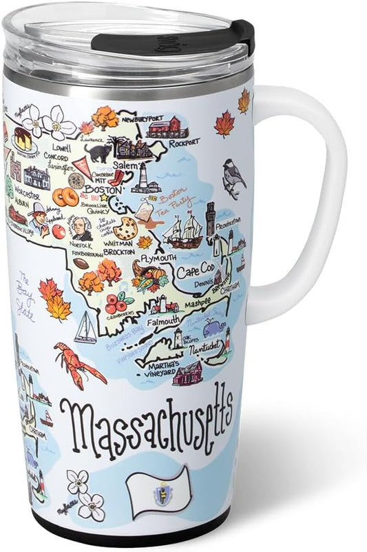 Swig Life 22oz Travel Mug, Insulated Tumbler with Handle and Lid, Travel Coffee Mug, Cup Holder Friendly, Stainless Steel 22 oz Tumbler, Reusable Insulated with Lid (Massachusetts)