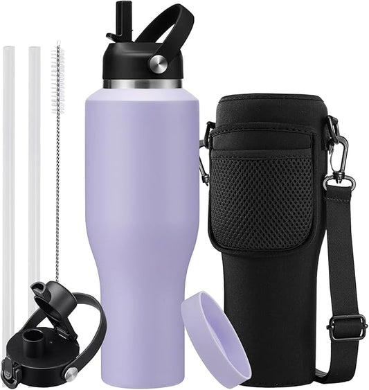 40 oz Insulated Water Bottle with Straw - Spout Lid, Carrying Case, Metal Thermal Hydro Travel Mug Flask for Cup Holder, Keep Cold 48H Hot 24H