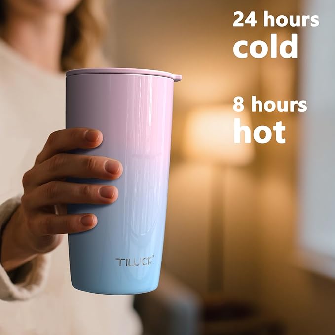 TILUCK 20 oz Tumbler with Leak-Proof Lid, Vacuum Insulated Stainless Steel Coffee Mug, Double-Walled Travel Tumbler for Hot and Cold Drinks(PinkBlue, 20oz)
