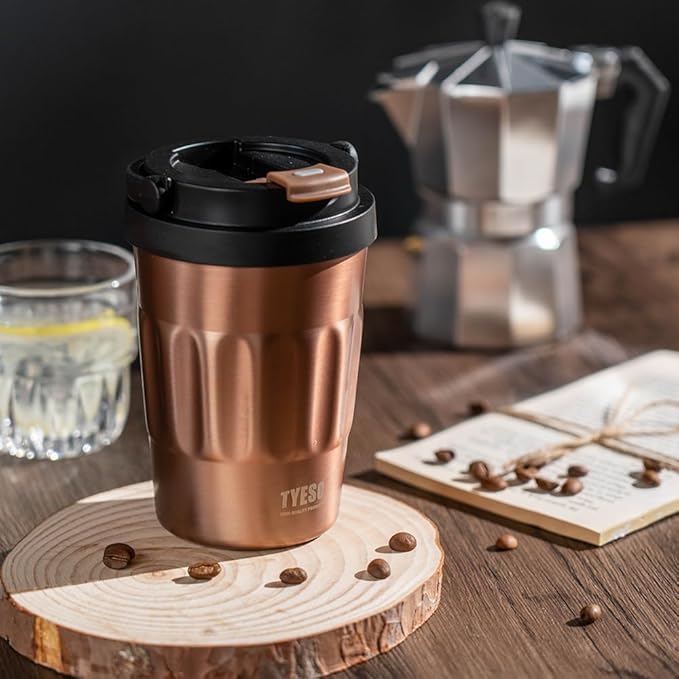 TYESO Stainless Steel Portable Tumbler with Flip Lid,Travel Mug with Concealed Carry Handle, Leakproof Insulated Coffee Cup (GRAY, 17 OZ)