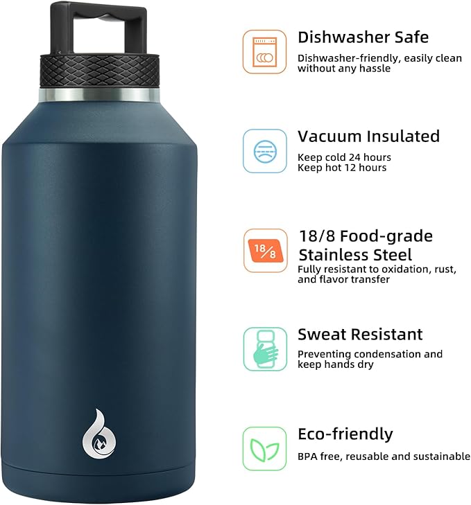 BJPKPK Half Gallon Water Bottle Insulated, Dishwasher Safe 64 oz Water Bottle with Handle, Leakproof BPA Free Water Jug, Large Stainless Steel Thermo for Sports, Navy Blue