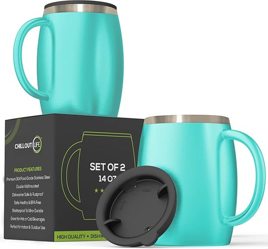 Stainless Steel Insulated Coffee Mugs Set of 2 (14oz) Double Wall Coffee Cups With Spill Resistant Lid & Handle – Shatterproof Cups for Cold & Hot Drinks for Indoor & Outdoor Use (Aqua Blue)