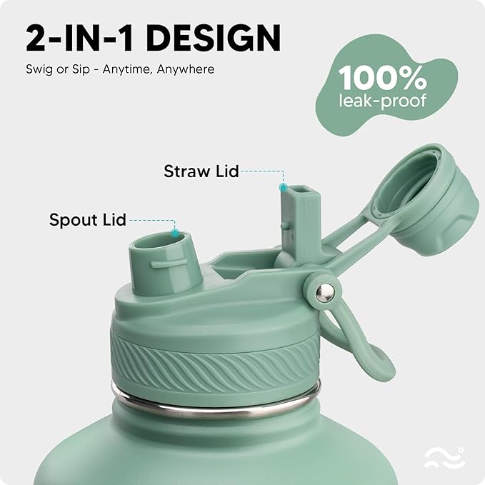 [2-IN-1 LID] 64 oz Insulated Water Bottle with Silicone Boot (48hrs Cold/24hrs Hot) - DIY Stickers, Leakproof, BPA Free, Half Gallon