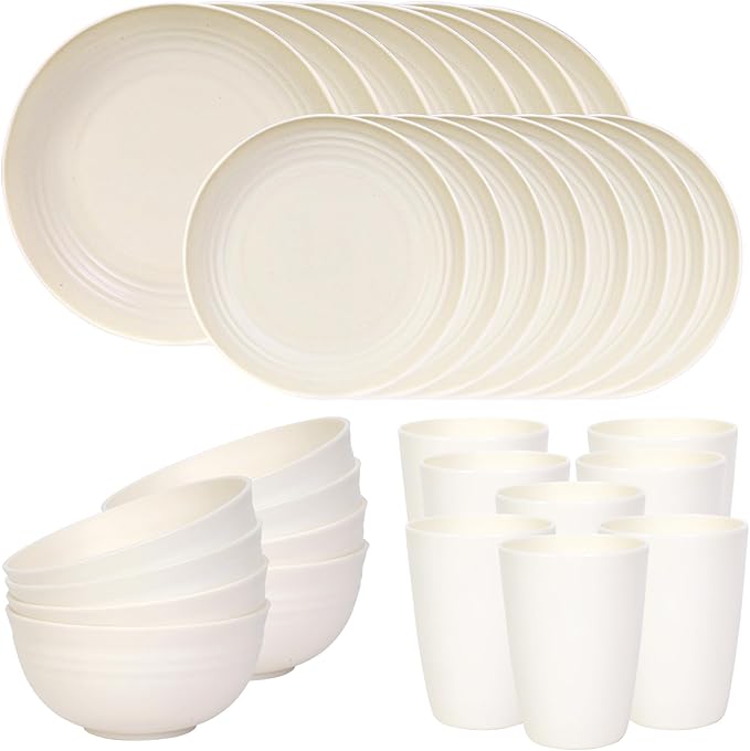 Quatish 32 Piece Plates and Bowls Sets for 8, Unbreakable Dinnerware Sets, Plastic Dish Set for Camping, Dishwasher Microwave Safe, Outdoor Kitchen and Apartment Dinning RV Essentials, Beige