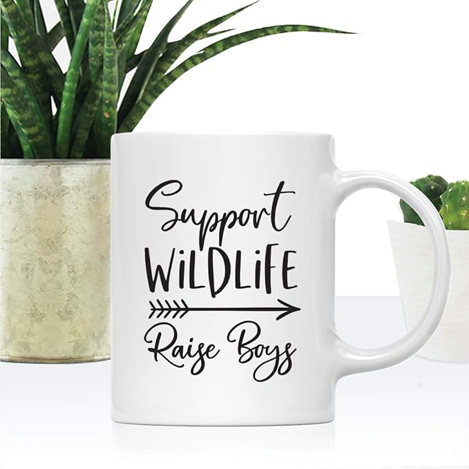 Andaz Press Mother's Day 11oz. Ceramic Coffee Tea Mug Gift for Mom, Support Wildlife Raise Boys, 1-Pack, Birthday Christmas Gift Ideas