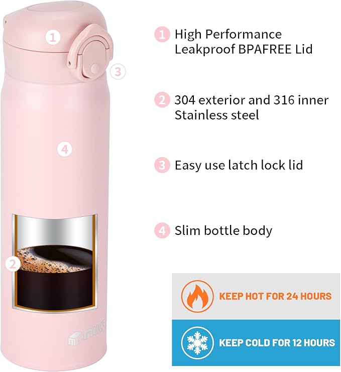 17 oz / 500 ml Insulated Water Bottle, Stainless Steel Thermo Coffee Travel Mug, Thermal Cup with Snap Flip Lid, BPA Free for Hot and Cold Drinking, Pink
