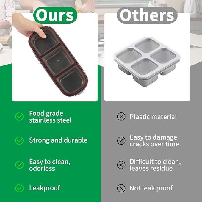 Stainless Steel Snack Containers, 3-Compartment Metal Snackle Box for Kids & Adults, Grey Reusable Condiment Box with Lids, Divided Food Storage Container for School, Work, Home & Travel