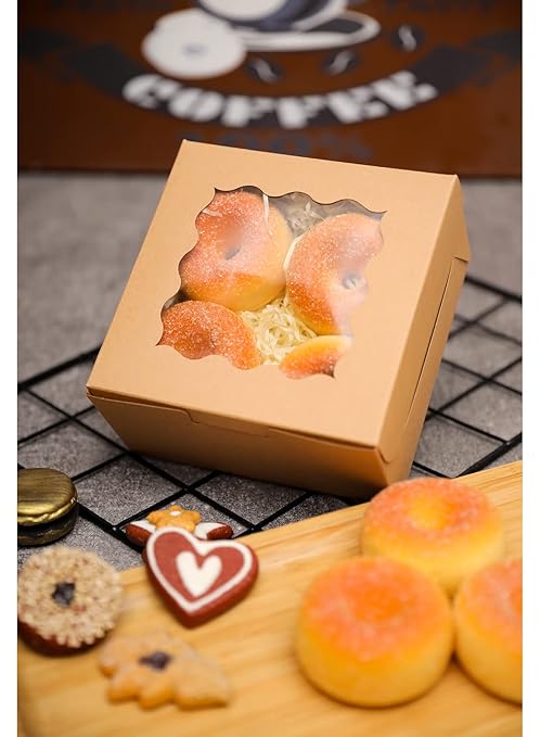 Bakepacker 100pcs Kraft Bakery Boxes with Window 6x6x3 inches Thick & Sturdy Macaroon Pastry Boxes Cookie Boxes for Bakerys
