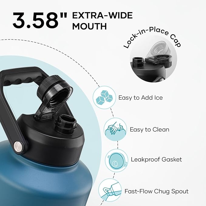 BUZIO 1.5 Gallon Water Bottle Insulated, (Cold for 48 Hrs) 196oz Large Water Jug Stainless Steel, 3.58in Big Wide Mouth Leak Proof Metal Flask with Carrying Sleeve for Camping,Gym,Travel,Indigo Crush