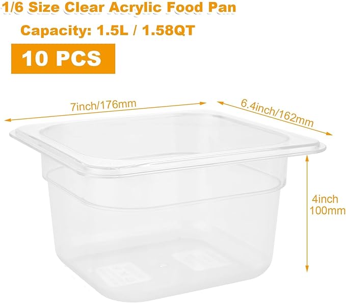 10 Pack 1/6 Size Plastic Clear Food Pan, 4 Inch Deep Polycarbonate Pan, Stackable Restaurant Commercial Hotel Pans for Fruit Vegetable Corns - 1.58 Quart Capacity