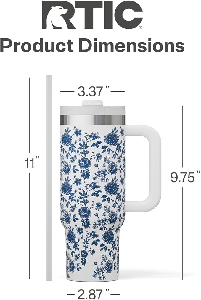 RTIC 30 oz Road Trip Tumbler Double-Walled Ceramic Lined InsulatedStainless Steel Portable Travel Coffee Mug Cup with Lid, Handle and Straw, Blue Bouquet