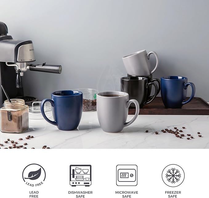 AmorArc 12oz Coffee Mugs Set of 6, Large Ceramic Coffee Mugs for Men, Women, Dad, Mom, Modern Coffee Cups With Handle For Tea,Latte,Cappuccino,Cocoa. Dishwasher&Microwave Safe, Matte Blue