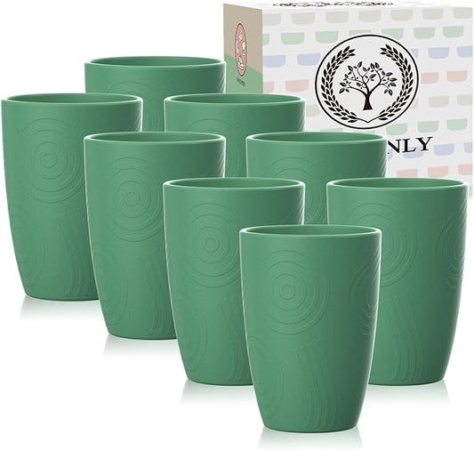Plastic Cups Reusable 8 PCS Wheat Straw Cups a Good Alternative Drinking Glasses Cup Plastic Glasses Cups Unbreakable Cup Reusable Dishwasher Safe Cups Microwave Safe Cups with Green Color (12 OZ)