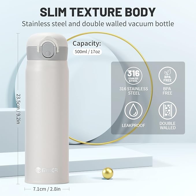 17 oz / 500 ml Insulated Water Bottle, Stainless Steel Thermo Coffee Travel Mug, Thermal Cup with Snap Flip Lid, BPA Free for Hot and Cold Drinking, White