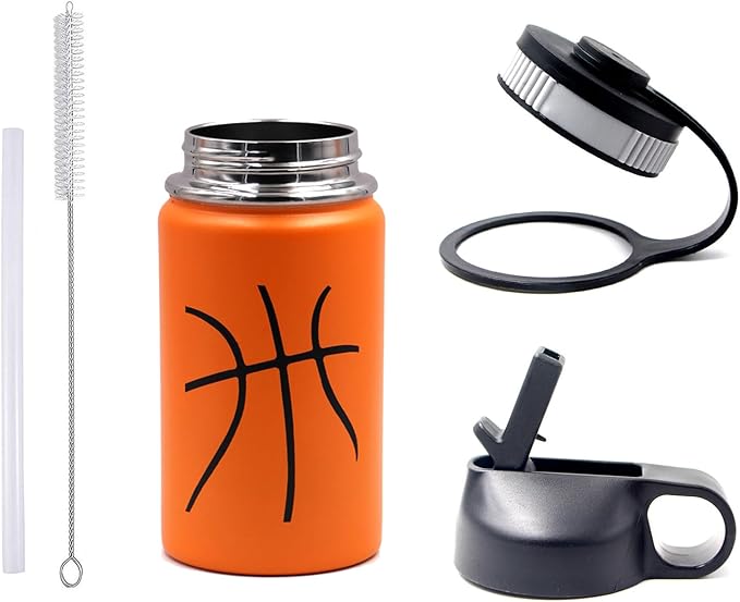 12 oz Basketball Water Bottle, Metal Thermo Travel Tumbler Sports Flask with 2 Lids, Stainless Steel Double Wall Vacuum Leak Proof Insulated Water Bottles, Basketball Accessories Gifts for Boys Girls