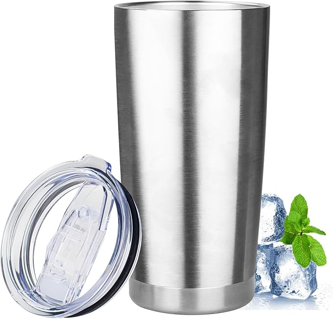 20oz Tumbler with Lid Stainless Steel Insulated Tumblers Travel Coffee Tumbler Bulk Double Wall Vacuum Insulated Water Cup Christmas Gifts for Women Men Her Him Home Office (Silver, 1pack)