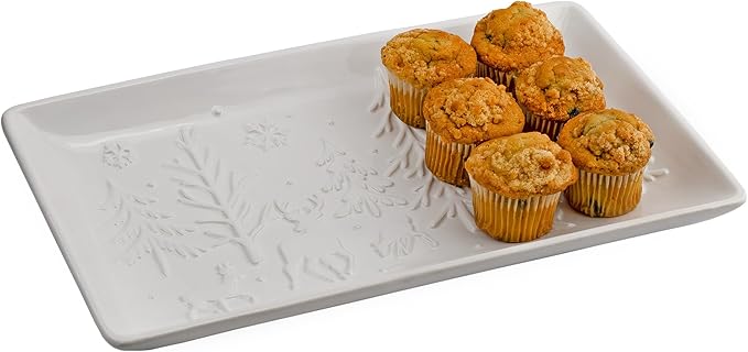 AuldHome Design Reindeer Christmas Tree Platter; Ceramic Embossed White Serving Tray