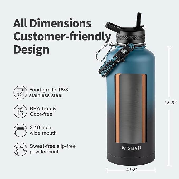 87 oz Insulated Water Bottle with Straw (Cold for 48 Hrs), Half Gallon Stainless Steel Triple Wall Vacuum Sports Water Jug, Leakproof Hydro Cup Flask with Straw Spout Lids & DIY Stickers