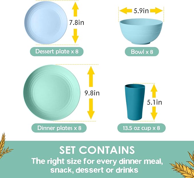 Teivio 32-Piece Kitchen Plastic Wheat Straw Dinnerware Set, Service for 8, Dinner Plates, Dessert Plate, Cereal Bowls, Cups, Unbreakable Colorful Plastic Outdoor Camping Dishes, Sky Multicolor