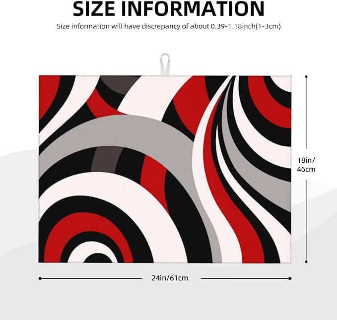Red Black White and Grey Swirl Microfiber Dish Drying Mats, Absorbent Modern Decorative Kitchen Counter Mat, 18 x 24 inch, Polyester, Washable, Reusable, Foldable, for Dishes Utensils Small Appliances
