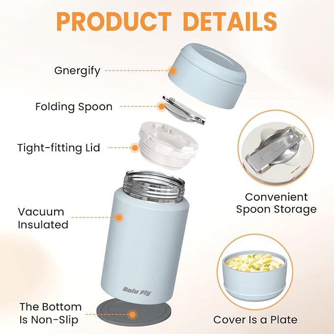 2 Pack Soup Thermo for Hot Food for Adults, Insulated Food Jar, Stainless Steel Vacuum Thermal Lunch Box Containers with Carry Bag and Spoon (18.5oz, 27oz) (Blue)