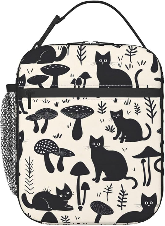 Reusable Mushroom Lunch Box for Kids Girls Boys Women Adult, Insulated Cute Black Cat Lunch Bag,Polyester Cooler Retro Handbags Case for School Picnic Work Travel Beach or Hiking (Beige)