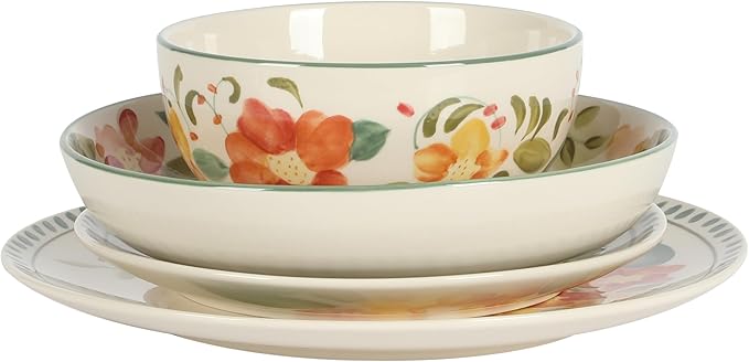 Bloomhouse Cassia Bud 16 Piece Double Bowl Hand Painted Stoneware Plates and Bowls Floral Dinnerware Set