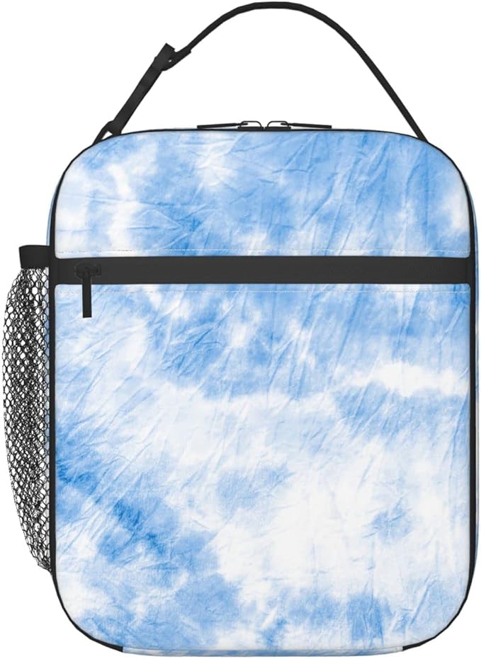 SUPLUCHOM Lunch Box Tie Dye White Blue Art Insulated Bag Reusable with Side Pocket for Work School Picnic Hiking Daytrip Kid Adult Over 3 Years Old