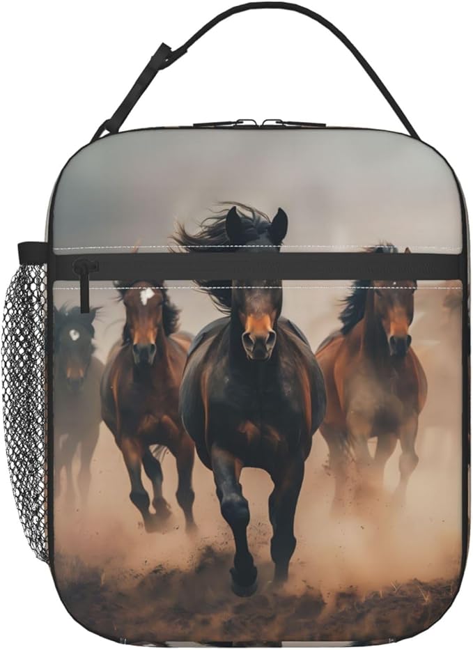 Reusable Running Horse Lunch Box for Kids Girls Boys Women Adult, Insulated Wild Animal Lunch Bag,Polyester Cooler Handbags Case for School Picnic Work Travel Beach or Hiking (Action-Packed)