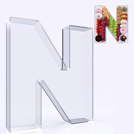 11" Acrylic Letter Charcuterie Box, Reusable Fillable Alphabet Number Shaped Form Tray for Birthday Anniversaries, Party Decorative Serving Plates Display Candy Cake (N)