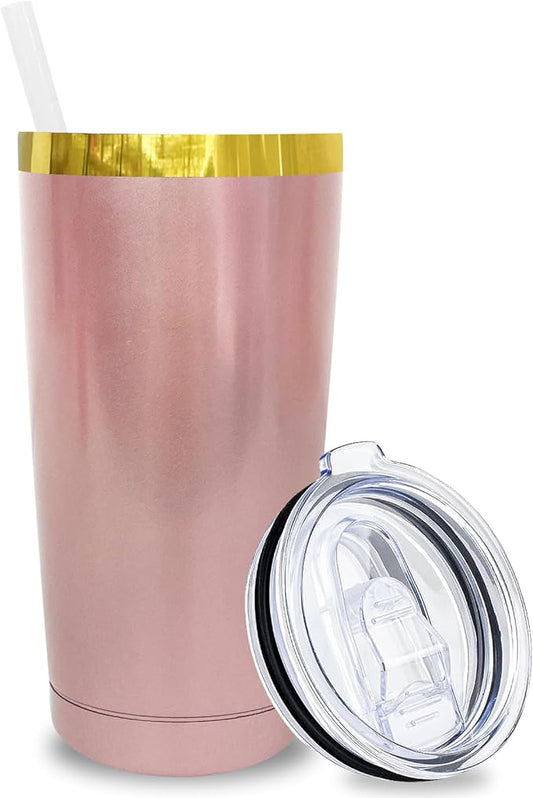 20 oz Tumbler Bulk Stainless Steel Tumblers with Lids and Straws, Double Wall Vacuum Insulated Travel Coffee Mug for Laser Engrave, Powder Coated Cups for Hot and Cold Drinks (Rose Gold,1 pack)