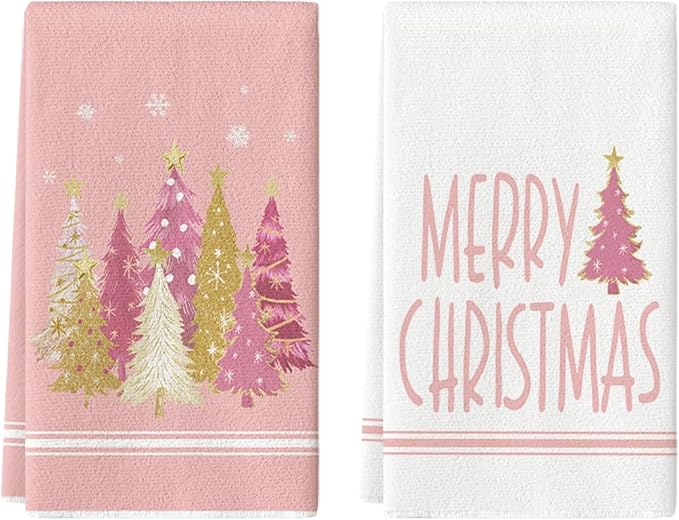 Artoid Mode Pink Xmas Tree Merry Christmas Kitchen Towels Dish Towels, 18x26 Inch Farmhouse Star Holiday Winter Decoration Hand Towels Set of 2