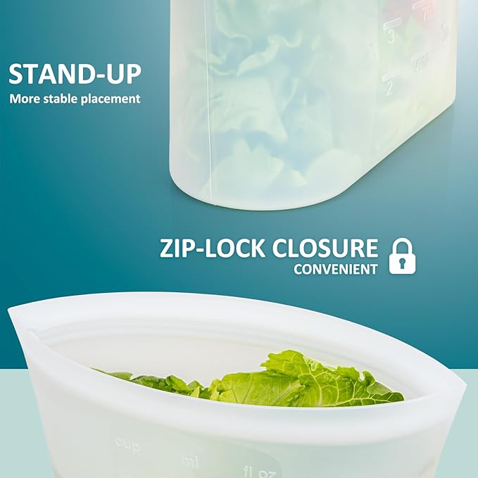 8-Pack Reusable Silicone Food Storage Bags, 100% Silicone Stand-Up Wide-Open Zip-Lock Reusable Storage Bags for Food, Freezer Microwave Oven Dishwasher Safe, Translucent, 4L 2M 2S