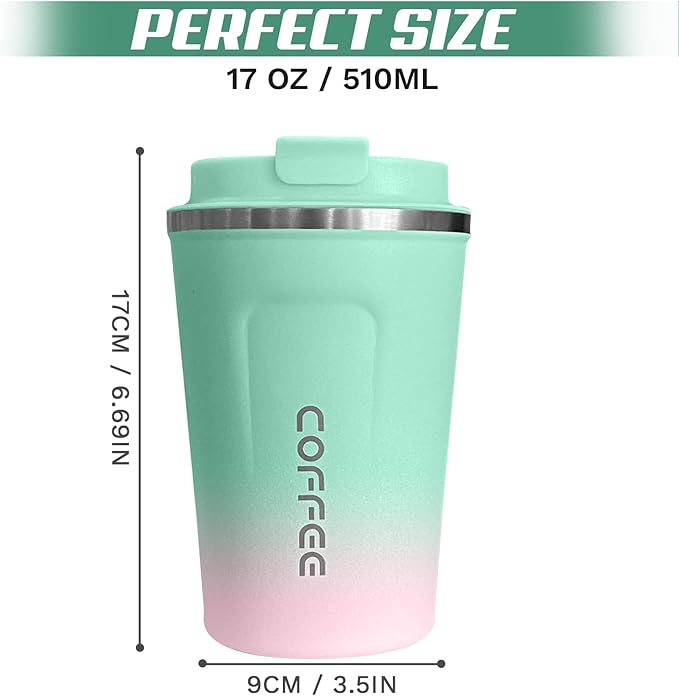 Travel coffee mugs leak-proof, reusable coffee cups with lids, stainless steel vacuum thermos coffe tumblers,thermal insulation cups for men and women hot & cold drinks (2nd-Green Pink, 17OZ)
