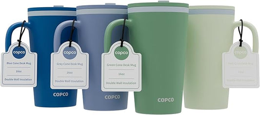 Copco Cone Travel Coffee Mug, 16 oz (Set of 4) - Insulated Drinkware with Spill-Proof Lid and Handle, Microwave & Dishwasher Safe - BPA-Free, Compact for Desk & Cup Holder Friendly (Assorted Colors)
