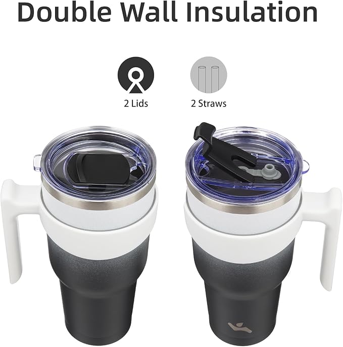 30 oz Tumbler with Handle and 2 Straw 2 Lid, Insulated Water Bottle Stainless Steel Vacuum Cup Reusable Travel Mug,Day Night