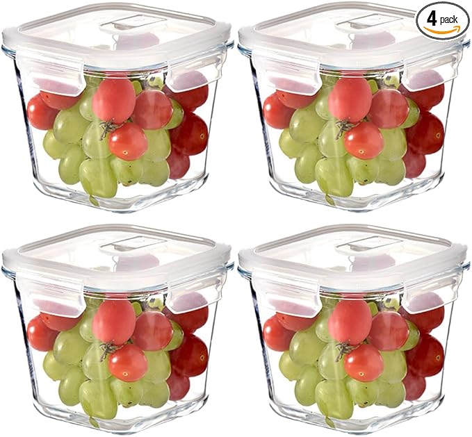 Square Glass Food Storage Containers, 4 Cup Glass Soup Container with Airtight Lids,Square Food Meal Prep Bowls for Salad soupleftovers, Fridge、Microwave、Dishwasher Safe (4 Pack)